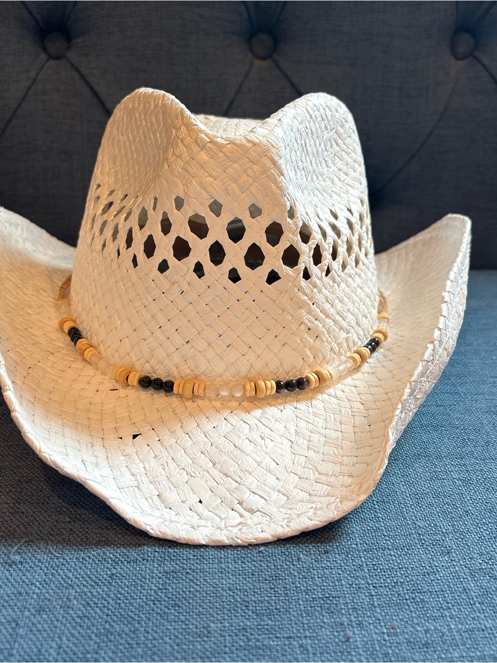 Straw Cowboy Hat with Beaded Band - White